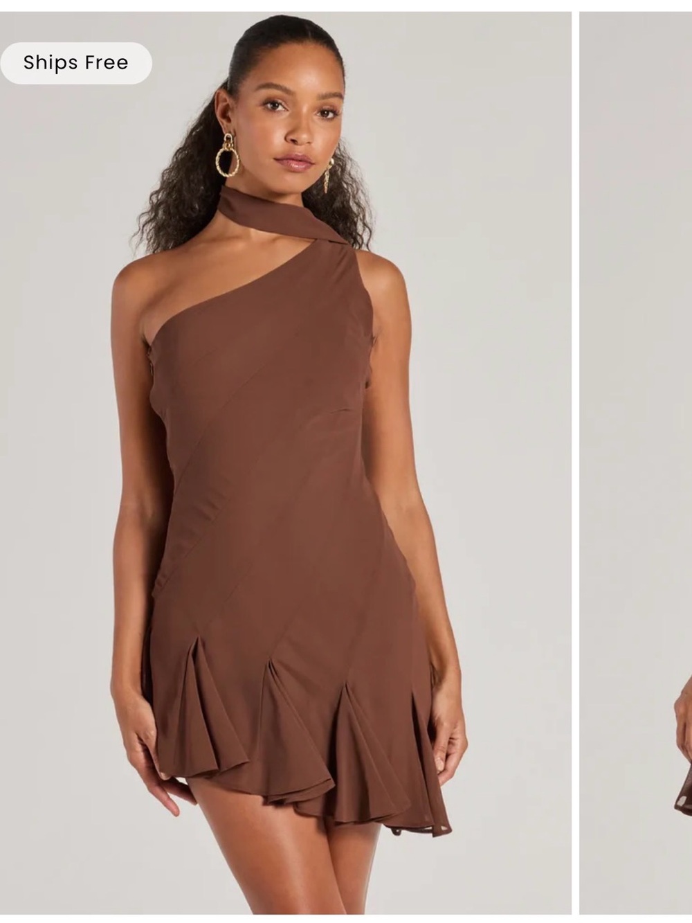 NWT One-Shoulder Brown Scarf Mini Dress